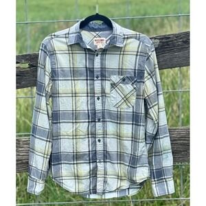 Mossimo Supply Co Small Blue Grey Yellow Plaid Cotton Button Front Shirt Coton